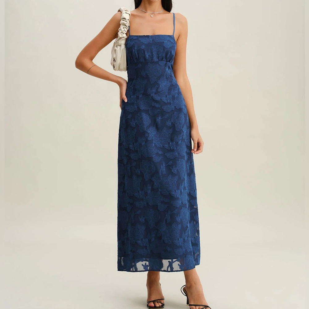 Navy Blue Floral Lace Slip Maxi Dress